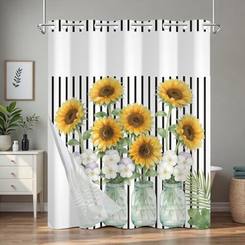 No Hook Floral Shower Curtain with Liner, Sunflowers Black Stripes Bathroom Shower Curtain and Snap in Liner Set, Summer Bath Decor Waterproof Shower Curtains with Mesh Top Window and Weighted Hem - color: Sunflower