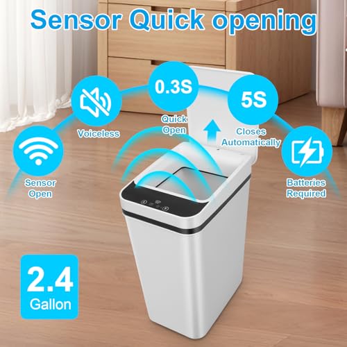 2 Pack Bathroom Trash can,Smart Touchless Trash Can,Automatic Motion Sensor Trash Bin with Lid,2.4 Gallon Garbage Can, Kitchen, Bathroom, Office, Bedroom Trash can (White+White) - color: White+White