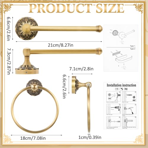 2 Pieces Set Antique Brass Toilet Paper Holder Retro Brass Hand Towel Ring Tissue Roll Paper Hanger Bathroom Hardware Wall Mounted Vintage Bathroom Accessories (Round) - style: Round