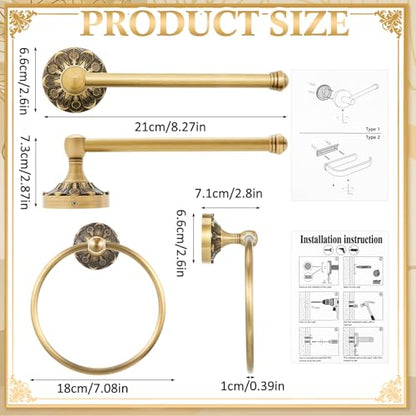 2 Pieces Set Antique Brass Toilet Paper Holder Retro Brass Hand Towel Ring Tissue Roll Paper Hanger Bathroom Hardware Wall Mounted Vintage Bathroom Accessories (Round) - style: Round