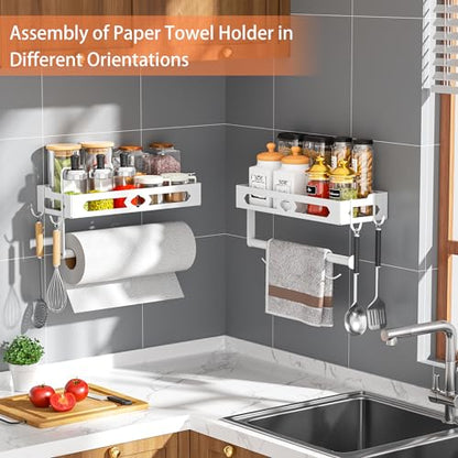 Wall Mount Paper Towel Holder with Shelf for Bathroom, Kitchen,White 2Hooks | Metal Spice Rack, Easy One-Hand Tear Design Mounted Hanging Hand Paper Towel Roll Holder for RV, Home(Self Adhesive or Drill) - color: White
