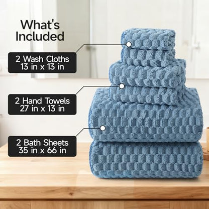 REDKISS Blue Microfiber Towels Set 6 Pack - 35x70 Inches Oversized Bath Sheets, Extra Large Bath Towels, Super Soft Quick Dry Lint Free Absorbent Waffle Microfiber Shower Towels - color: Blue 06, size: 6 Pack Large Towel Set