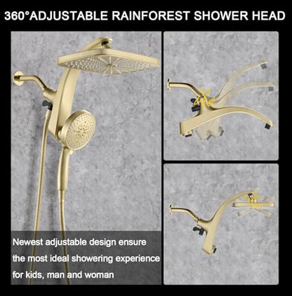 12" High Pressue Rain Shower Head with Handheld, 9 Sprays Hand Showerhead | Shower Heads with Handheld Spray Combo, Dual Head, Built-in Magnetic Docking, Power Jets, 59" Shower Hose, Gold 1.75GPM - color: Gold