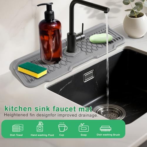 17 Inch Faucet Mat For Kitchen Sink Splash Guard Behind Faucet, ，5°Slope Fast Draining Silicone Mat , Dish Soap Sponge Holder for Bathroom Sink kitchen sink organizer (Grey, 17" x 6") - color: Gray