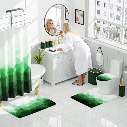 XLHOMO Bathroom Accessory Set - 26PC Bathroom Shower Curtain and Rug Set, Bathroom Accessories Set, Green Bathroom Set with Trash Can, Toilet Brush, Qtip Holder & Soap Dispenser - style: Dark Green