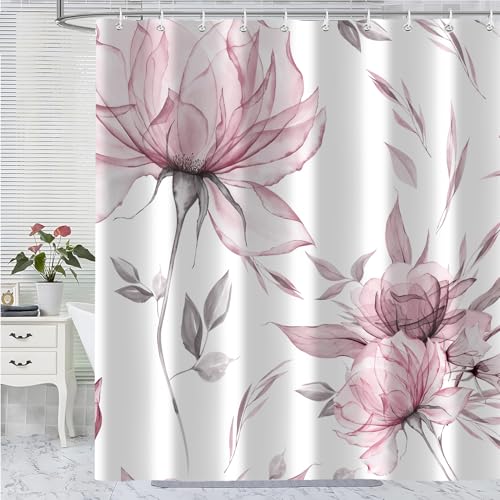 Pink Grey Watercolor Floral Shower Curtain, Flower Leaves Minimalist Aesthetic Art Shower Curtains for Bathroom Sets Decor, Waterproof Polyester Cloth Fabric with 12 Hooks,60x72 Inch - color: Pink, size: 60"W x 72"L (Pack of 1)