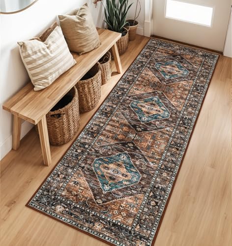 Lahome Hallway Runner Rug - 2x6 Washable Non-Slip Carpet Runner, Throw Untra-Thin Stain Resistant Kitchen Carpet, Vintage Medallion Print Non-Shedding Mat for Bedroom Entryway Bathroom Adelyn - color: Dull Teal, size: 2' x 6' (Runner)