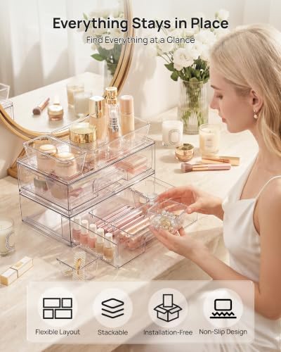 Vtopmart 12-Pack Clear Makeup Organizer Set with Drawer Organizer Bins | 2 Pack Stackable Storage Drawers & 10 Pack Drawer Organizer for Vanity Cosmetic, Bathroom Countertop, Desk - style: 2pack Wide Drawers with bins