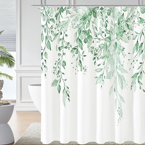 Mint Green Eucalyptus Shower Curtain, Watercolor Plant Leaves with Floral Bathroom Shower Curtain Set with Hooks, 72x72 | Watercolor Plant Leaves Floral Print, Waterproof Fabric Bathroom Decor, Machine Washable, Rustproof Grommets - color: Mint Green, siz