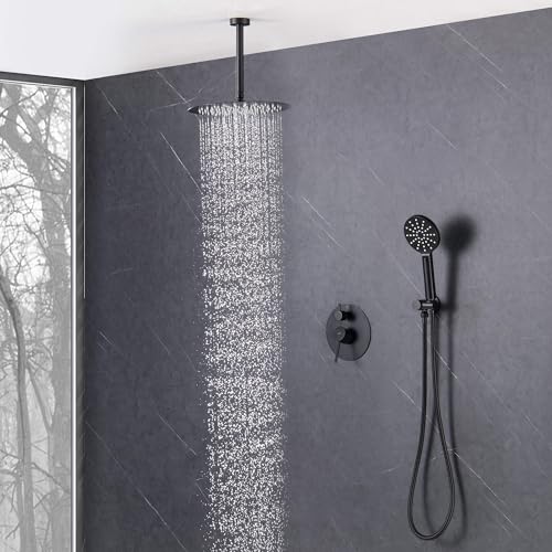 Circular Ceiling Mounted Shower System with 2-Function Faucet Set | Solid Brass Pressure Balanced Valve | Anti-Scald Design for Reliable Water Temperature Control (Matte Black Finish, KSF408) - color: Matte Black