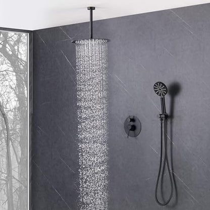 Circular Ceiling Mounted Shower System with 2-Function Faucet Set | Solid Brass Pressure Balanced Valve | Anti-Scald Design for Reliable Water Temperature Control (Matte Black Finish, KSF408) - color: Matte Black