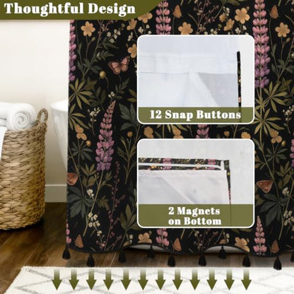 Dark Botanical No Hook Shower Curtain with Snap in Liner & Tassels | Double Layer Waterproof Bath Curtain with Mesh Top, Green Plant & Lavender Floral Design for Boho Farmhouse Bathroom, 71Wx77L - color: Wild Plant
