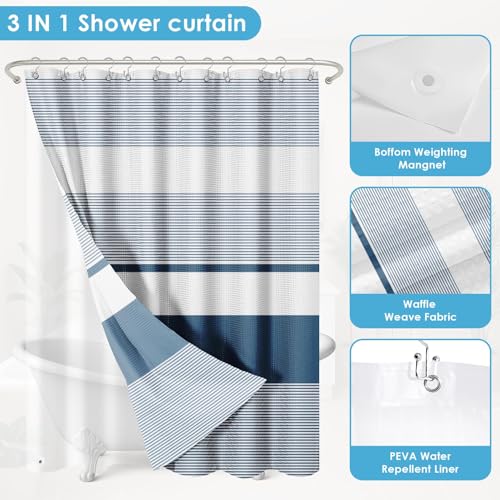 3 in 1 Shower Curtain and Liner,72 x 72 inch, Blue Geometric | Striped Modern Shower Curtain and PEVA Liner Set with 12 Rust-Resistant Metal Hooks, Waterproof Fabric Curtains for Bathroom - color: Blue