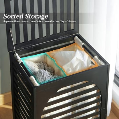 Laundry Hamper with Lid,Bamboo Large Waterproof Clothes Laundry Basket,Removable Washing Bags with Handles,clothes basket (Black) - color: Black
