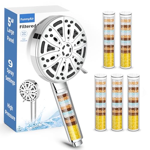Filtered Handheld Shower Head, 9 Spray Modes High Pressure, 5 Replacement Filters Included, Hard Water Softener 20-Stage Filtration, Remove Chlorine, Relieve Dry Itchy Skin, 5 Filters-Chrome - color: Chrome, style: 5 PCS Filters