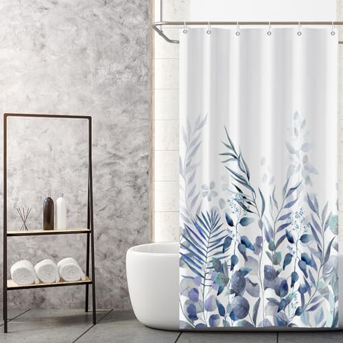 AWERT Shower Curtain Plants for Bathroom,Waterproof Quick-Drying Blue Leaves Shower Curtain Set with Hooks 48x72 Inch - color: Blue and Magenta, size: 48"W x 72"L (Pack of 1)