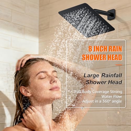Shower System Modern Rain 8 inches Brass Faucet Set With Valve and Diverter Shower Mixer With Handheld High Pressure Square Rainfall Shower Valve (8'' Wall Mount, Matte Black) - color: Matte Black, style: 8'' Wall Mount