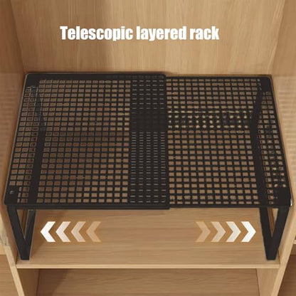 Expandable Stackable Cabinet Organizer - Adjustable Storage Shelf Rack for Kitchen, Bathroom, Pantry, and Office Space Saving - color: Black