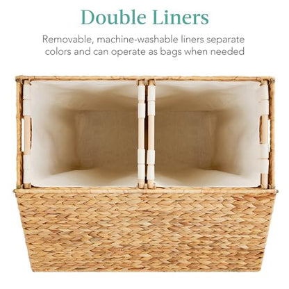 Best Choice Products Large Double Laundry Hamper with Lid, Natural Handwoven Water Hyacinth, 2 Sections w/ 2 Machine Washable Linen Liner Bags, Portable, Handles - Natural - color: Natural