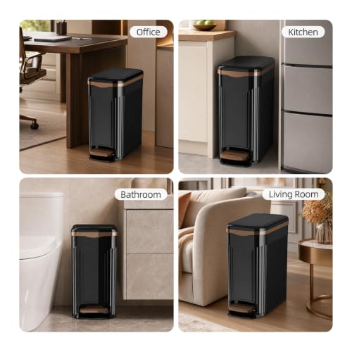 Slim Bathroom Trash Can with Lid, 10L Soft Close Step Pedal Black | Dual Open Step Pedal & Hand Press, 6.49" Ultra Narrow, Hidden Bag Holder, Odor Seal Waste Basket for Kitchen Office Bedroom