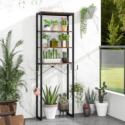 LOKO Bathroom Over The Toilet Storage Rack, 4-Tier Industrial Organizer Shelf with Toilet Paper Holder & Hook, Multifunctional Freestanding Space Saver Plant Stand for Laundry Balcony, Rustic Brown