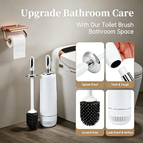 Toilet Brush and Holder Set, Toilet Bowl Brush with Long Handle, High-End Modern Silicone Toilet Brush Set, Non-Scratch, Odor-Free Design(Matte White + Silver, B),Father's Day - color: Matte White + Silver