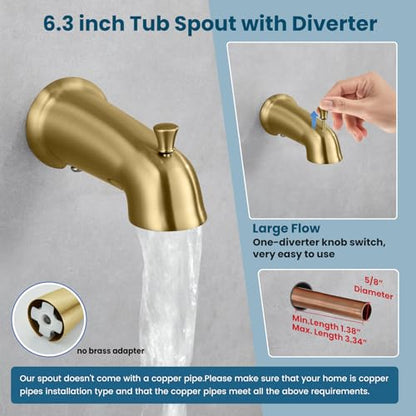 gotonovo Tub Shower Faucet Set with Valve 6 Mode Handheld Brushed Gold | Bathtub Faucet Set,6 Mode ABS Handheld Spray,6.3’’ Metal Tub Spout,Brass Valve Trim Kit,Shower Head and Handle Kit,Wall Mount - color: Gold