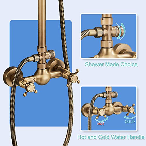 Antique Brass Shower System Bathroom Shower Faucet Set with 8 Inch Rainfall Shower Head Handheld Spray 2 Cross Handles Wall Mounted Outdoor Shower Fixtures Solid Brass - color: Antique Brass, style: Two Modes