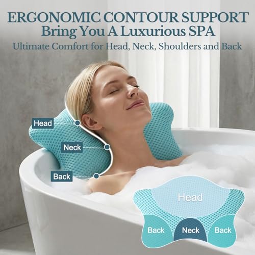 Non Slip Bath Pillow, Luxury Spa Bathtub Head & Neck Rest Support, Permeable Quick Drying Air Mesh Tub Pillow with 4 Large Suction Cups, Fits Any Tubs, Soft and Relaxing-Lake Blue - color: Lake Blue