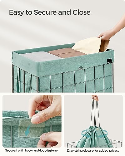 SONGMICS Laundry Hamper, 23.8 Gal. (90L) Laundry Basket, Collapsible Clothes Hamper, Removable and Washable Liner, Metal Wire Frame, for Bedroom Bathroom, Silver and Mint Green ULCB190C01 - color: Silver + Mint Green, size: 90 L