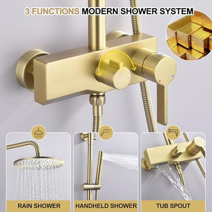 Brushed Gold Exposed Shower System with 2 Modes HandHeld,3 Functions Tub Shower Faucet Sets with Brass Valve, Shower Fixture with 10 Inches Rainfull Shower Head,Shower Height Adjustable - color: B- Brushed Gold with Round Shower Head