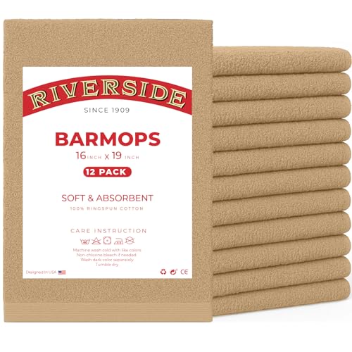 RIVERSIDE Bar Mop Towels Pack of 12, 16x19 Inches, 100% Ring Spun Cotton Terry Cloth Kitchen Towel, Highly Absorbent & Reusable Multipurpose Cleaning Rags for Bathroom, Hotel, Restaurant, Tan - color: Tan, size: Bar Mop (PK 12)