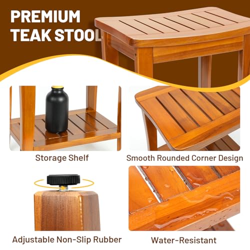 16" Compact Teak Shower Bench with Shelf, Premium Teak Shower Stool, Durable Waterproof Seat for Inside Shower, Solid Teak Wood Bench for Bathroom, Indoor & Outdoor Use - size: 16" W x 11" Dx 17" H