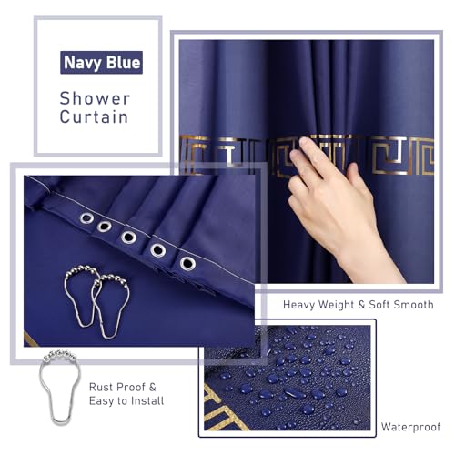 XLHOMO Bathroom Sets with Shower Curtain and Rugs Bathroom Accessories Set Navy Blue Bathroom Set,Soap Dispenser & Toilet Brush Holder Set with Stainless Steel Trash Can - size: Navy blue, style: Bath Set+Shower Curtain+Bath Rugs