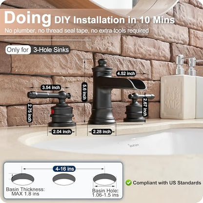 Black Waterfall Bathroom Faucet Widespread, Brass Bathroom Faucets for Sink 3 Hole, 4-16 Inch Faucet Bathroom Vanity Faucet with 2 Handles Supply Hoses & Pop-Up Drain for Modern Farmhouse - color: Matte Black - Elegant