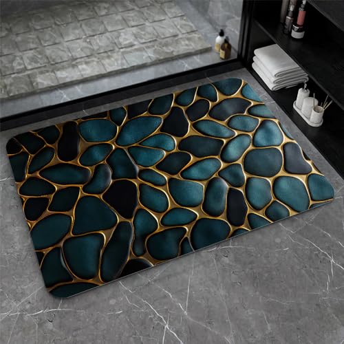 Diatomaceous Earth Bath Mat,Blue and Gold Stones Non-Slip Volume Super Absorbent Fast Drying for Bathroom Kitchen mat,Eco-Friendly Easy to Clean 16×24Inch (40 * 60cm) - color: Blue and Gold Stones, size: 1'4" x 2'0" (Rectangular)