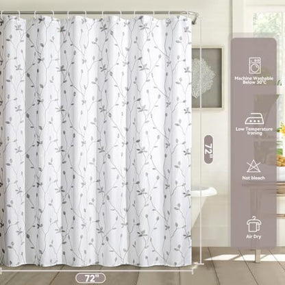 Embroidered Leaf Farmhouse Shower Curtain,Faux Linen,72Wx72L,White Grey | Boho Modern Shower Curtain Set, Washable & Waterproof Fabric, Floral Shower Curtains for Bathroom with Hooks - color: White Grey