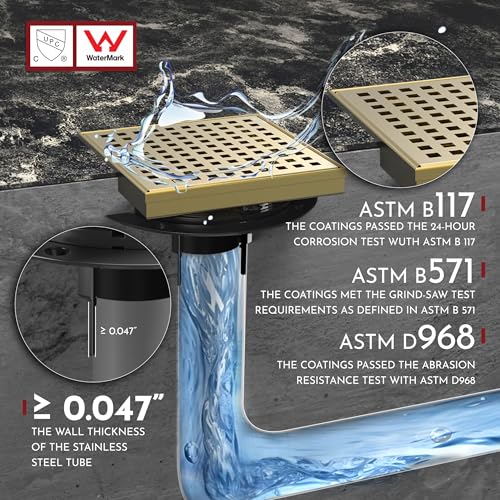 6 Inch Square Shower Drain Gold Floor Drain with Flange Square Holes Pattern Cover Grate Removable SUS304 Stainless Steel Watermark&CUPC Certified Brushed Gold - color: Brushed Gold, size: 6 Inch