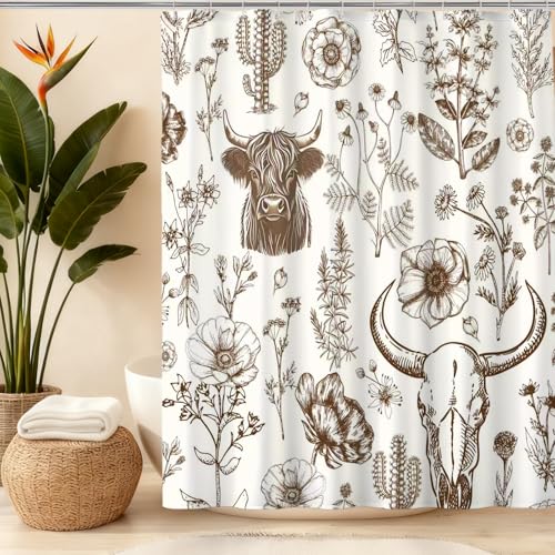 Wild West Bull Skull Shower Curtain Western Cactus Cow with Flowers Shower Curtains Brown Southwestern Bathroom Shower Curtain Set Bohemian Farmhouse Nature Bathroom Home Decor 72X72 inches - color: Brown Cream