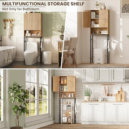 Toilet Storage Cabinet, Over the Rack Wood Cabinet with Metal Stand, Bathroom Organizer with Adjustable Shelf, Tall Freestanding Washer Shelf, Small Cupboard, Space Saver, Natural Style