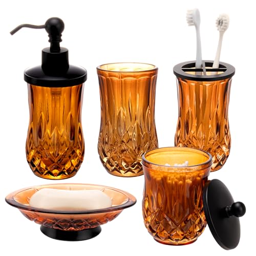 Amber Bathroom Accessories, Round Thick Glass & Zinc Alloy Pump | Beautiful & weight, 5 pcs soap dispenser, toothbrush holder, soap dish, tumbler & jar, for mission/amish style - style: Round(Amber)
