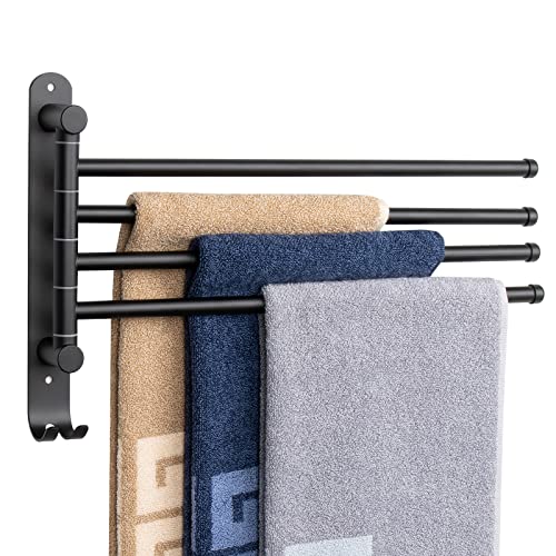 NearMoon Swivel Towel Rack, 13.8" Thicken 304 Stainless Steel 4-Arm Towel Bar, Space Saving Wall Mounted Towel Holder with Hook, Rustproof Swing Out Towel Hanger for Bathroom, Kitchen (Matte Black) - color: Matte Black, size: 13.8 Inch