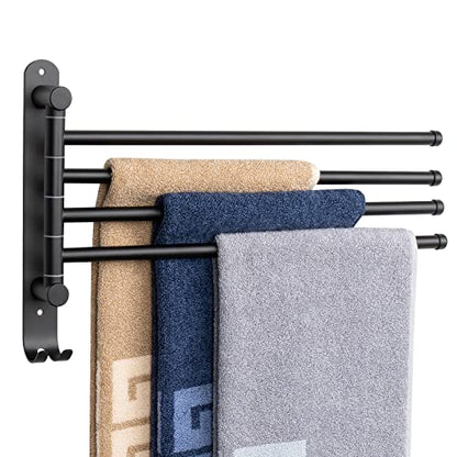NearMoon Swivel Towel Rack, 13.8" Thicken 304 Stainless Steel 4-Arm Towel Bar, Space Saving Wall Mounted Towel Holder with Hook, Rustproof Swing Out Towel Hanger for Bathroom, Kitchen (Matte Black) - color: Matte Black, size: 13.8 Inch