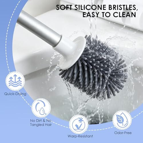Toilet Cleaner Brush, Silicone Toilet Brush+Pumice Stone for Toilet Cleaning, with Non-Slip Long Handle, Wall Mounted/Floor Standing, Toilet Brush Set for Bathroom RVs