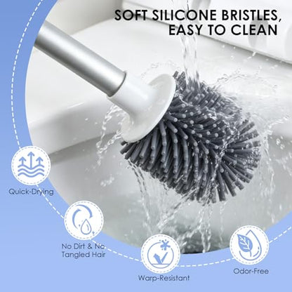 Toilet Cleaner Brush, Silicone Toilet Brush+Pumice Stone for Toilet Cleaning, with Non-Slip Long Handle, Wall Mounted/Floor Standing, Toilet Brush Set for Bathroom RVs