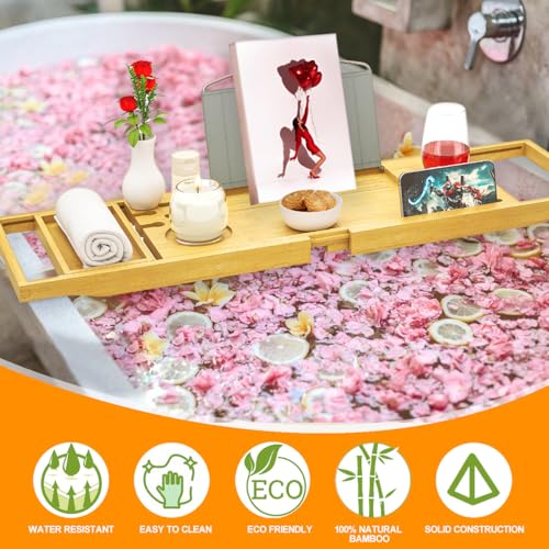 Banlilu Premium Natural Bamboo Expandable Bathtub Tray Caddy, Luxury Spa-Like Experience, Adjustable, Sturdy, Non-Slip, Foldable - color: Premium Natural