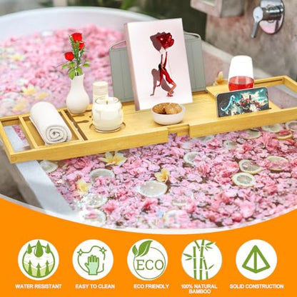 Banlilu Premium Natural Bamboo Expandable Bathtub Tray Caddy, Luxury Spa-Like Experience, Adjustable, Sturdy, Non-Slip, Foldable - color: Premium Natural