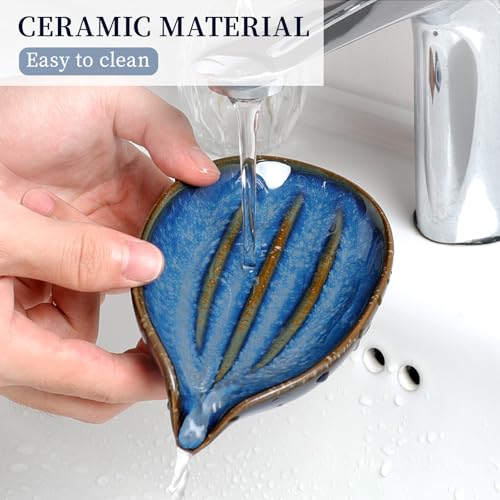 Soap Dish, Self-Draining Soap Holder, Leaf Shape Ceramic Bar Soap Holder Drain Soap Dishes for Bathroom Sink Kitchen, Easy to Clean Keeps Soap Dry, Blue, ANTIS'S HOME - color: Blue-1pcs