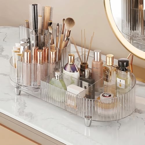 Booklov Rotating Makeup Organizer for Vanity Countertop, Clear | Clear Acrylic Cosmetic Display Case, Large Beauty Brush Holder for Bathroom Counter, Skincare Lipsticks Storage - color: Crystal Clear