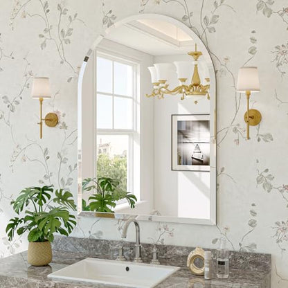 Frameless Bathroom Mirror, 22"x30" Beveled Arched Vanity Mirrors | Frameless, 15mm beveled edge, 5mm HD glass, anti-rust, french cleat, wall mounted, for bathroom/bedroom/entryway - size: 22"L x 30"W